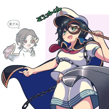 2girls anchor anchor_symbol belt black_coat black_hair brown_belt brown_hair chain chibi chibi_inset coat coat_on_shoulders completely_unamused gold_trim green_eyes half_mask hansode32 hat highres holding holding_ladle iwanaga_ariya ladle mask midriff_peek multiple_girls murasa_minamitsu necktie open_mouth red_eyes red_necktie sailor_hat shirt short_hair short_sleeves shorts simple_background touhou unamused white_hat white_shirt white_shorts wings