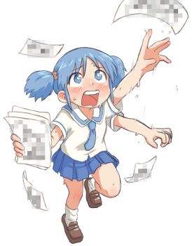 1girl arm_up beachepisode blue_eyes blue_hair blue_necktie blue_skirt blush bright_pupils brown_shoes censored cube_hair_ornament hair_ornament highres holding holding_paper loafers mosaic_censoring naganohara_mio necktie nichijou open_mouth paper pleated_skirt scene_reference school_uniform shoes short_hair short_sleeves short_twintails skirt socks solo sweat teeth tokisadame_school_uniform tongue twintails upper_teeth_only white_pupils white_socks