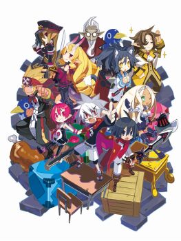 almaz_von_almadine_adamant animal_ears axe black_hair blonde_hair box cat_ears disgaea food glasses gun hat makai_senki_disgaea_3 mao_(disgaea) meat nippon_ichi pink_hair prinny raspberyl ruchiru_(disgaea) salvatore sapphire_rhodonite sword weapon wink