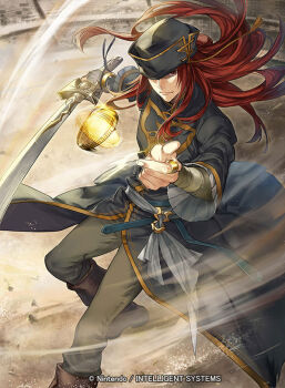 1boy boots brown_boots coin coin_flip commentary_request company_name fire_emblem fire_emblem:_the_sacred_stones fire_emblem_cipher glint hat holding holding_sword holding_weapon jewelry joshua_(fire_emblem) long_hair male_focus nintendo official_art p-nekor red_eyes red_hair ring solo sword weapon
