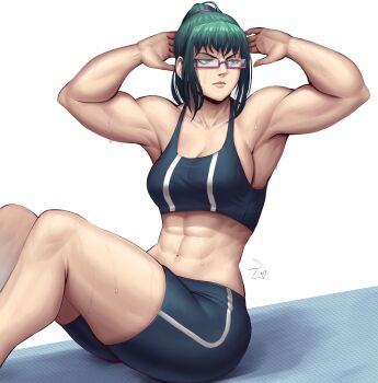 1girl abs absurdres exercising glasses green_eyes green_hair highres jujutsu_kaisen muscular muscular_female ponytail simple_background sit-up speedl00ver sportswear sweat toned zen'in_maki