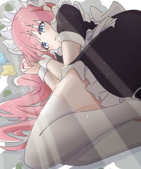 1girl 9d_irst black_dress blue_eyes blush bocchi_the_rock! closed_mouth commentary_request dress fetal_position frilled_dress frills gotoh_hitori highres light_rays long_hair lying maid maid_headdress melting on_side pink_hair short_sleeves solo thighhighs wavy_mouth white_thighhighs white_trim white_wrist_cuffs wrist_cuffs
