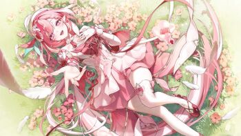 1girl breasts commentary_request diamond-shaped_pupils diamond_(shape) dress earrings elf elysia_(hi_love_elf)_(honkai_impact) elysia_(honkai_impact) heart heart_earrings high_heels honkai_(series) honkai_impact_3rd jewelry long_hair looking_at_viewer lying medium_breasts multicolored_hair myao_(myaodayone) on_back on_grass pink_dress pink_hair pointy_ears purple_eyes reaching reaching_towards_viewer red_dress smile solo symbol-shaped_pupils thighhighs thighs two-tone_hair very_long_hair white_dress white_hair white_thighhighs