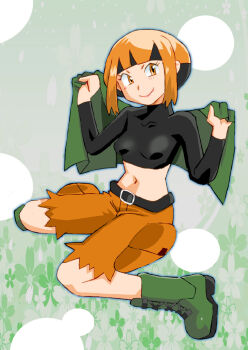 1girl belt black_belt black_shirt blush boots breasts brown_eyes brown_hair brown_shorts bubble_background capelet floral_background flower gardenia_(pokemon) green_background green_boots green_capelet green_flower holding holding_unworn_clothes long_sleeves looking_at_viewer midriff navel nintendo onnaski petals pokemon pokemon_dppt shirt short_hair shorts sitting small_breasts smile unworn_capelet unworn_clothes