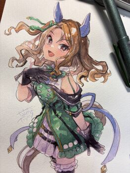 Rule 34 | 1girl, animal ears, bare shoulders, black gloves, bow, brown hair, commentary request, dress, ear bow, ear covers, ear ribbon, gloves, golden generation (umamusume), green bow, green dress, hand on own chest, highres, horse ears, horse girl, horse tail, king halo (king of emeralds) (umamusume), king halo (umamusume), long hair, looking at viewer, nanananatsu, off-shoulder dress, off shoulder, ojou-sama pose, photo (medium), red eyes, simple background, smile, solo, tail, team ascella, thighhighs, traditional media, umamusume