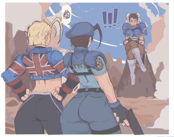 3girls 7_passes ass blonde_hair breasts brown_hair cammy_white capcom chun-li crossover huge_ass jill_valentine large_breasts michel_teru multiple_girls pants resident_evil short_hair street_fighter street_fighter_6