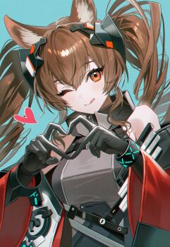 Rule 34 | 1girl, ;), ;q, ai-assisted, angelina (arknights), animal ears, arknights, arknights: endfield, armpit crease, bare shoulders, blue background, blush, booool, breasts, brown hair, dress, four-finger heart hands, fox ears, fox girl, gilberta (arknights), heart, heart hands, highres, looking at viewer, medium breasts, one eye closed, orange eyes, simple background, sleeveless, sleeveless dress, smile, solo, tongue, tongue out, twintails, upper body