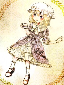 Rule 34 | 1girl, adapted costume, black shoes, blonde hair, blush, bow, bowtie, closed mouth, clothing request, commentary request, contrast collar, cup, dress, frilled dress, frilled shirt collar, frills, hat, highres, holding, holding cup, leaf, lolita fashion, maribel hearn, medium hair, minus (sr mineka), mob cap, puffy short sleeves, puffy sleeves, purple bow, purple dress, purple eyes, shoes, short sleeves, sleeve bow, smile, solo, touhou, white bow, white bowtie, white dress, white hat