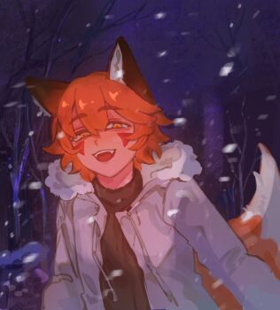 1boy :d animal_ears bare_tree black_sweater boyfriend_to_death commentary_request facial_mark fox_boy fox_ears fox_tail fur_hood furry furry_male grey_jacket highres jacket looking_at_viewer male_focus mwwsqqqq999 night open_clothes open_jacket open_mouth orange_eyes orange_hair outdoors ren_hana_(boyfriend_to_death) short_hair smile snow snowing solo sweater tail tree turtleneck turtleneck_sweater upper_body