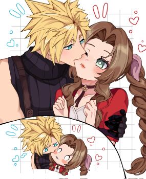 1boy 1girl aerith_gainsborough aqua_eyes arm_around_shoulder biting biting_cheek black_gloves black_shirt blonde_hair blush braid braided_ponytail breasts brown_hair choker cloud_strife commission couple dress final_fantasy final_fantasy_vii final_fantasy_vii_remake flower_choker gloves green_eyes grid_background hair_ribbon hetero highres jacket medium_breasts miovartz one_eye_closed parted_bangs parted_lips pink_dress pink_ribbon red_jacket ribbon shirt short_hair sidelocks single_bare_shoulder single_braid sleeveless sleeveless_turtleneck spiked_hair suspenders turtleneck upper_body