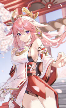 Rule 34 | 1girl, absurdres, animal ears, bare shoulders, blurry, blurry background, breasts, cherry blossoms, commentary, day, detached sleeves, falling petals, floating hair, floppy ears, floral print, gem, genshin impact, glint, hair between eyes, hair ornament, hand up, highres, japanese clothes, kiharu (nutn7535), large breasts, light blush, light particles, long hair, looking at viewer, nontraditional miko, outdoors, parted lips, petals, pink hair, pink petals, purple eyes, purple gemstone, red skirt, ribbon-trimmed sleeves, ribbon trim, shirt, sideboob, sideless shirt, skirt, sleeveless, sleeveless shirt, solo, stairs, standing, thighs, torii, very long hair, wide sleeves, yae miko