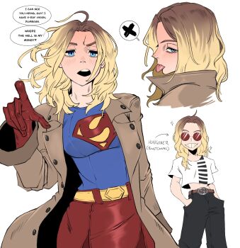 1girl blonde_hair blue_eyes blue_shirt brown_coat coat commentary dc_comics drunk english_commentary gloves grin hands_in_pockets highres kinja long_hair long_sleeves navel open_clothes open_coat open_mouth pointing pointing_at_viewer red_gloves red_skirt shirt short_sleeves simple_background skirt smile spoken_x sunglasses supergirl supergirl_(2026) superman_(2025) superman_(series) superman_logo teeth tongue tongue_out upper_teeth_only white_background white_shirt