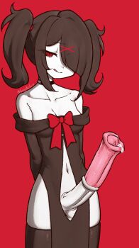 1girl :q ame-chan_(needy_girl_overdose) animal_penis arms_behind_back bare_shoulders black_dress black_hair black_thighhighs bow bowtie breasts closed_mouth dress erection futanari hair_ornament hair_over_one_eye highres horse_penis huge_penis liveactors looking_at_viewer medium_breasts navel needy_girl_overdose pelvic_curtain penis precum red_background red_bow red_bowtie red_eyes simple_background smile solo thighhighs tongue tongue_out twintails x_hair_ornament