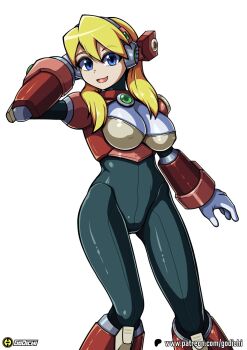 1girl alia_(mega_man) arm_behind_head armor artist_name blonde_hair blue_eyes bodysuit breasts capcom covered_erect_nipples gloves godichi highres large_breasts legs looking_at_viewer medium_hair mega_man_(series) mega_man_x_(series) open_mouth smile thighs tongue