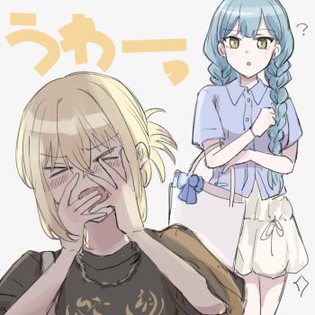 Rule 34 | > <, 2girls, ?, bang dream!, bang dream! it's mygo!!!!!, black shirt, blonde hair, blue hair, blue shirt, braid, closed eyes, commentary request, grey background, hands on own face, long hair, misumi uika, multiple girls, open mouth, setou (bpdne), shirt, simple background, skirt, togawa sakiko, twin braids, white skirt, yellow eyes