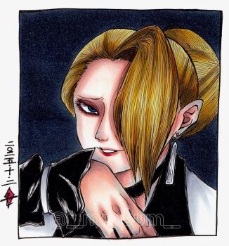 1girl __mmgum__ blonde_hair blue_eyes earrings female_focus formal_clothes highres jewelry long_hair looking_at_viewer mature_(kof) pale_skin suit the_king_of_fighters