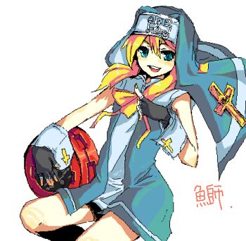 Rule 34 | 1boy, :d, aqua eyes, bare arms, bare shoulders, black gloves, blonde hair, blue veil, blue vest, character name, cowboy shot, cross, cross print, fingerless gloves, floating clothes, floating hair, gloves, guilty gear, guilty gear xx, guimpe, hair between eyes, hand up, holding, holding toy, in shadow, index finger raised, jaggy lines, latin cross, leg up, looking at viewer, lowres, male focus, mars symbol, neck ribbon, nun, oekaki, open mouth, outstretched arm, oversized object, print wrist cuffs, ribbon, shirt, simple background, sleeveless, sleeveless shirt, smile, solo, teeth, toy, trap, two-sided veil, uota sakana, upper teeth only, veil, vest, white background, white shirt, white trim, white wrist cuffs, wrist cuffs, yellow ribbon, yo-yo