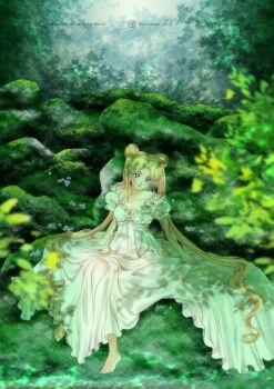 1girl barefoot bishoujo_senshi_sailor_moon blonde_hair blue_eyes breasts cleavage collarbone double_bun dress forest hair_bun highres koya long_hair looking_at_viewer nature outdoors parted_bangs puffy_short_sleeves puffy_sleeves sailor_moon short_sleeves smile solo tsukino_usagi twintails white_dress