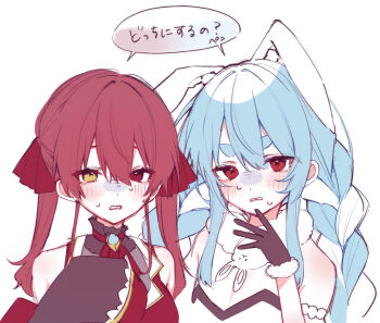2girls animal_ears blue_hair braid closed_mouth commentary_request cropped_jacket hair_ribbon heterochromia highres hololive houshou_marine houshou_marine_(1st_costume) jacket looking_at_viewer multicolored_hair multiple_girls rabbit_ears rabbit_girl red_eyes red_jacket red_ribbon ribbon saka_x_x short_eyebrows sleeveless sleeveless_jacket sleeves_past_fingers sleeves_past_wrists twin_braids twintails two-tone_hair usada_pekora usada_pekora_(1st_costume) virtual_youtuber white_hair yellow_eyes