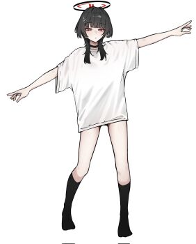 1girl alternate_costume alternate_hair_length alternate_hairstyle black_choker black_hair black_socks blue_archive choker corrupted_twitter_file full_body guwall hair_ornament halo hands_up highres kneehighs long_hair outstretched_arms red_eyes red_halo ringed_eyes rio_(blue_archive) shirt short_sleeves socks solo spread_arms standing t-shirt white_shirt