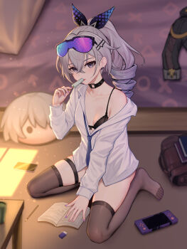 1girl absurdres black_bra black_choker black_thighhighs blue_necktie book bra breasts choker collarbone commentary_request drill_hair eraser eyewear_on_head food full_body goggles grey_eyes grey_hair hair_between_eyes hand_up handheld_game_console highres holding holding_food holding_popsicle honkai:_star_rail honkai_(series) indoors large_variant_set long_hair long_sleeves looking_at_viewer necktie open_book parted_lips partially_unbuttoned pencil popsicle purple_hair seiza shirt silver_wolf_(honkai:_star_rail) single_bare_shoulder single_off_shoulder sitting small_breasts solo thigh_strap thighhighs underwear variant_set white_shirt yunkaiming