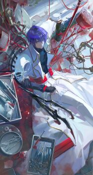1boy bandages belt_around_waist blood blood_bag blue_hair coat commentary_request fingerless_gloves gloves highres legato_bluesummers meowmeowmeow326 scissors short_hair shoulder_spikes skull_ornament spikes syringe trigun white_coat yellow_eyes