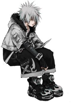 1boy bandaged_arm bandages black_boots black_gloves black_pants black_shirt black_socks bondage_pants boots bracelet clenched_hand earrings fingerless_gloves fur-trimmed_jacket fur_trim gloves grey_hair grey_jacket hair_between_eyes highres holding_own_arm invisible_chair jacket jewelry nu_punxxxz original pants ringed_eyes shirt simple_background sitting snakebite_(piercing) socks spiked_hair white_background yellow_eyes