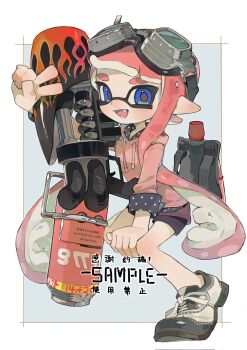 1girl :d arm_up backpack bag black_shirt black_shorts blue_background blue_eyes blunt_bangs blush border commentary_request corrupted_twitter_file drawstring fangs goggles goggles_on_head gun highres hood hood_down hoodie inkling inkling_girl inkling_player_character long_hair long_sleeves looking_at_viewer nintendo open_mouth outside_border p-pepper pink_hair pink_hoodie pointy_ears polka_dot polka_dot_shirt range_blaster_(splatoon) sample_watermark shirt shoes short_shorts shorts simple_background smile sneakers solo splatoon_(series) suction_cups tentacle_hair thick_eyebrows v very_long_hair watermark weapon white_border white_shoes