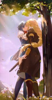 2girls absurdres armor black_footwear blonde_hair blue_footwear blue_hair braid breastplate catria_(fire_emblem) cloud commentary english_commentary falling_leaves fingerless_gloves fire_emblem fire_emblem:_mystery_of_the_emblem fire_emblem:_three_houses fire_emblem_heroes flower from_behind from_below gloves hair_tie hands_on_another's_face highres ingrid_brandl_galatea kiss leaf multiple_girls nintendo pauldrons scabbard second-party_source sheath sheathed shoulder_armor sky sword tree under_tree weapon ye_(pixiv4862539) yuri