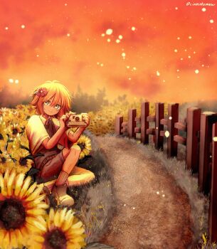 1boy antenna_hair artist_name basil_(faraway)_(omori) basil_(omori) blonde_hair blue_eyes camera cinnotomon closed_mouth collared_shirt flower green_sweater_vest hair_flower hair_ornament highres holding holding_camera looking_at_viewer omori outdoors shirt short_hair short_sleeves smile socks solo sunflower sunset sweater_vest twitter_username white_shirt white_socks