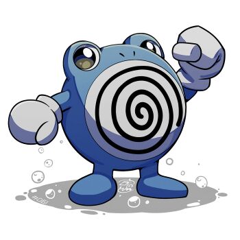 blue_skin bubble colored_skin full_body gen_1_pokemon gloves looking_at_viewer mistray-art nintendo no_humans pokemon pokemon_(creature) poliwhirl signature simple_background solo white_background white_gloves