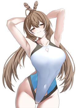 1girl absurdres ahoge armpits arms_behind_head arms_up black_streaks breasts brown_eyes brown_hair cleavage cleavage_cutout closed_mouth clothing_cutout covered_navel cowboy_shot crossed_bangs double-parted_bangs hair_between_eyes highleg highleg_one-piece_swimsuit highres hololive hololive_english large_breasts long_hair looking_at_viewer multicolored_hair nanashi_mumei one-piece_swimsuit si_farid simple_background smile solo split_ponytail streaked_hair swimsuit very_long_hair virtual_youtuber white_background white_one-piece_swimsuit white_streaks