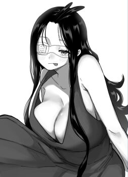 1girl breasts cleavage commentary_request dress eyepatch highres large_breasts looking_at_viewer monochrome simple_background tiger_tiger_8 tongue tongue_out white_background