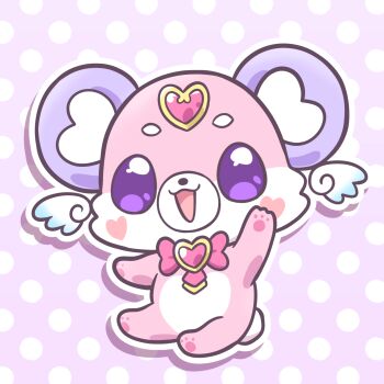 Rule 34 | :3, :d, angel wings, blush stickers, bow, bowtie, brooch, commentary, creature, creature focus, dot nose, fairy, forehead jewel, full body, gem, heart, heart-shaped blush stickers, heart brooch, highres, jewelry, karon-t, looking at viewer, meitantei precure!, multicolored fur, no humans, open mouth, outline, paw up, pawpads, pink bow, pink bowtie, pink fur, pink gem, pochi-tan, polka dot, polka dot background, precure, purple background, purple eyes, smile, solo, tail, thick eyebrows, two-tone fur, white fur, white outline, white wings, wings