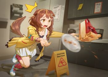 1girl :o ^^^ animal_ears black_bra blue_bow blue_shorts blurry blurry_background bone_hair_ornament bow bra braid braided_sidelocks breasts brown_eyes brown_hair cabinet cake cake_slice check_background cherry cleavage collarbone commentary desk dog_ears dog_girl dog_tail double-parted_bangs dropping english_commentary english_text falling fang food fruit hair_ornament highres hololive inugami_korone inugami_korone_(1st_costume) jacket jacket_bow long_sidelocks long_sleeves medium_hair motion_blur office open_mouth papers plate pleated_skirt raised_inner_eyebrows red_bow red_socks shirt shorts sidelocks skirt slipping socks solo sticky_note tail tripping underwear virtual_youtuber wet_floor wet_floor_sign white_shirt white_skirt yellow_jacket zeker_art