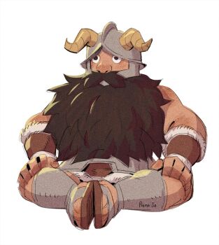 1boy anklet artist_name beard bracer dungeon_meshi dwarf facial_hair fake_horns full_body hands_on_own_knees helmet horned_helmet horns jewelry long_beard looking_up male_focus muscular muscular_male mustache prema-ja sandals senshi_(dungeon_meshi) sitting solo very_long_beard white_background