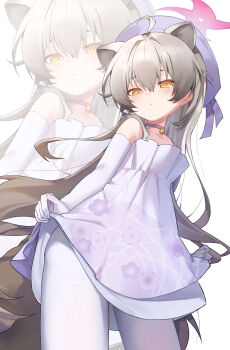 1girl absurdres animal_ears bare_shoulders blue_archive blush closed_mouth commentary dress elbow_gloves extra_ears floral_print floral_print_dress gloves hair_between_eyes halo hat highres kuro11kii long_hair looking_at_viewer michiru_(blue_archive) michiru_(dress)_(blue_archive) official_alternate_costume pantyhose pink_halo print_dress purple_dress purple_hat raccoon_ears raccoon_girl raccoon_tail skirt_hold sleeveless sleeveless_dress solo tail white_gloves white_pantyhose yellow_eyes