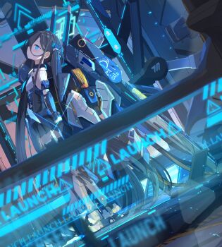 1girl absurdres aris_(armed)_(blue_archive) aris_(blue_archive) bare_shoulders black_hair blue_archive blue_eyes commentary_request force_(fossan_01) gloves hair_between_eyes halo highres holding long_hair mecha_musume mechanical_wings rectangular_halo sign skirt solo thighhighs twintails very_long_hair warning_sign wings