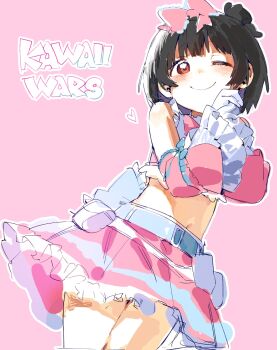 1girl 74iiii_namu ;) bare_shoulders belt black_hair blush bow cowboy_shot detached_sleeves frills hashtag-only_commentary heart highres idolmaster idolmaster_million_live! idolmaster_million_live!_theater_days looking_at_viewer midriff nakatani_iku navel one_eye_closed pink_background short_hair skirt sleeves_past_wrists smile solo