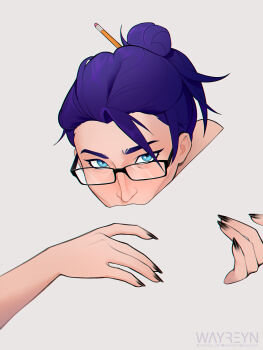 Rule 34 | 2girls, black nails, blue eyes, caitlyn (league of legends), commentary, cunnilingus, english commentary, female pov, glasses, grey background, hair bun, hair up, heart, heart in eye, highres, league of legends, looking at viewer, meme, multiple girls, negative space, negative space cunnilingus (meme), oral, pencil in hair, pov, purple hair, silhouette, simple background, symbol in eye, wayreyn, yuri