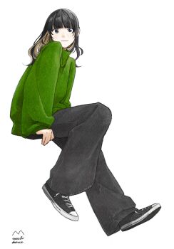 Rule 34 | 1girl, black eyes, black hair, black pants, black shoes, blunt bangs, brown hair, converse, from side, full body, green sweater, highres, invisible chair, light smile, long hair, long sleeves, looking at viewer, machiinoue, multicolored hair, original, pants, shoes, signature, simple background, sitting, smile, solo, sweater, turtleneck, turtleneck sweater, two-tone hair, white background, wide-leg pants