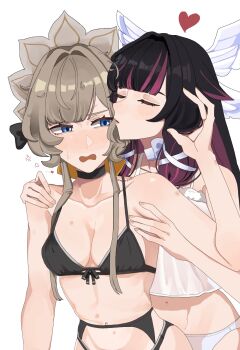 2girls anger_vein bite_mark bite_mark_on_shoulder black_bra black_choker black_hair black_panties blue_eyes bra breasts camisole capkal choker cleavage closed_eyes columbina_(genshin_impact) commentary garter_belt genshin_impact grey_hair hand_in_another's_hair hand_on_another's_shoulder heart hickey highres medium_breasts multiple_girls open_mouth panties puckered_lips purple_streaks sandrone_(genshin_impact) simple_background underwear white_background white_camisole white_panties yuri