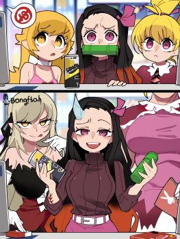 3girls absurdres aged_up artist_name biscuit_krueger black_hair blonde_hair bongftah can character_request convenience_store copyright_request elbow_gloves gloves highres holding holding_can horns hunter_x_hunter kamado_nezuko kimetsu_no_yaiba kiss-shot_acerola-orion_heart-under-blade looking_at_viewer monogatari_(series) multiple_girls oshino_shinobu pink_eyes pointy_ears shop single_horn smile tongue tongue_out trait_connection white_gloves