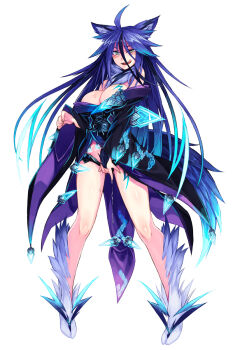 1girl ahoge animal_ear_fluff animal_ears bare_shoulders blue_hair blush breasts cleavage dripping female_focus full_body glowing glowing_clothes glowing_hair green_eyes highres japanese_clothes kenkou_cross kimono large_breasts licking_lips long_hair looking_at_viewer monster_girl monster_girl_encyclopedia monster_girl_encyclopedia_ii naughty_face navel official_art panties pussy_juice pussy_juice_trail raiju_(monster_girl_encyclopedia) simple_background smile solo tail tattoo tongue tongue_out underwear weasel_ears weasel_tail white_background wolf_ears wolf_girl wolf_tail