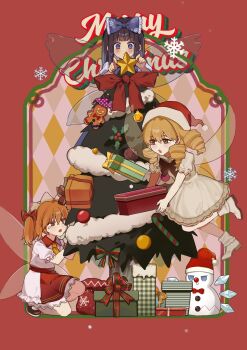Rule 34 | 3girls, :<, :o, argyle background, ascot, black bow, black bowtie, black shoes, blonde hair, boots, bow, bowtie, box, candy, candy cane, character snowman, christmas ornaments, christmas star, christmas tree, cirno, closed mouth, clownpiece, commentary, dress, drill hair, fairy wings, flying, food, gift, gift box, gingerbread man, green bow, hair bow, hat, highres, holding, holding box, holly, iwakoo, long hair, luna child, medium hair, merry christmas, multiple girls, open mouth, orange hair, puffy short sleeves, puffy sleeves, purple bow, purple eyes, purple hat, red background, red bow, red eyes, red hat, santa hat, shoes, short sleeves, snowflakes, snowman, star sapphire, sunny milk, symbol-only commentary, tearing up, touhou, transparent wings, two side up, white boots, white dress, wings, yellow ascot, yellow eyes