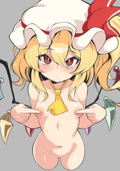 1girl ascot blonde_hair blush breasts bright_pupils closed_mouth collarbone covering_nipples covering_privates cropped_legs crystal crystal_wings flandre_scarlet grey_background hair_between_eyes hat hat_ribbon highres loli looking_at_viewer medium_hair mob_cap navel nude one_side_up pussy red_eyes ribbon rnt_(251139) simple_background small_breasts solo touhou white_pupils wings yellow_ascot