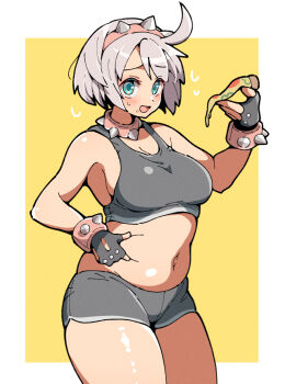 1girl ahoge belly_grab blue_eyes border breasts cowboy_shot double-parted_bangs elphelt_valentine fingerless_gloves food gloves grey_gloves grey_hair grey_shorts grey_sports_bra guilty_gear guilty_gear_strive hairband highres holding holding_food holding_pizza itsuka_neru large_breasts looking_at_viewer navel open_mouth outside_border pinching_belly pink_hairband pizza pizza_slice plump short_hair short_shorts shorts smile solo spiked_hairband spikes sports_bra stomach thighs white_border yellow_background