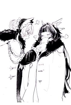Rule 34 | 2girls, absurdres, blush, bow, braid, bun with braided base, closed eyes, coat, columbina (genshin impact), commentary request, fatui coat, frilled sleeves, frills, fur-trimmed coat, fur trim, genshin impact, greyscale, hair bun, head wings, heart, highres, long hair, long sleeves, looking at another, monochrome, multiple girls, open mouth, pu tan inu, puff of air, sandrone (genshin impact), simple background, white background, wings