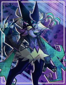 alternate_color animal_hands black_fur black_gloves black_shirt claws clothed_pokemon corset fingerless_gloves furry gloves green_fur green_hair half-closed_eyes highres looking_at_viewer meowscarada mr_h202 nintendo open_mouth other_focus pokemon pokemon_(creature) purple_corset purple_eyes shiny_pokemon shirt short_hair short_tail simple_background solo standing tail two-tone_fur upper_body