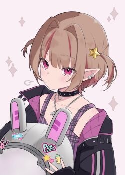 Rule 34 | 1girl, animal ears, animal helmet, black collar, black jacket, blunt bangs, blush, brown hair, chain, chain necklace, closed mouth, collar, collarbone, colored inner hair, crop top, earclip, fake animal ears, from above, hair intakes, hair ornament, heart, heart sticker, helmet, highres, holding, holding unworn helmet, jacket, jewelry, makaino ririmu, makaino ririmu (6th costume), multicolored hair, mzir yu2, necklace, nijisanji, no headwear, o-ring collar, open clothes, open jacket, pendant, pink hair, pink jacket, pink streaks, plaid clothes, pointy ears, puff of air, rabbit ears, red eyes, short hair, sleeves past wrists, solo, space helmet, sparkle background, spiked collar, spikes, standing, star (symbol), star hair ornament, star sticker, sticker, streaked hair, two-sided fabric, two-sided jacket, two-tone hair, two side up, unworn headwear, unworn helmet, upper body, upturned eyes, virtual youtuber, white background, white helmet, wolf cut